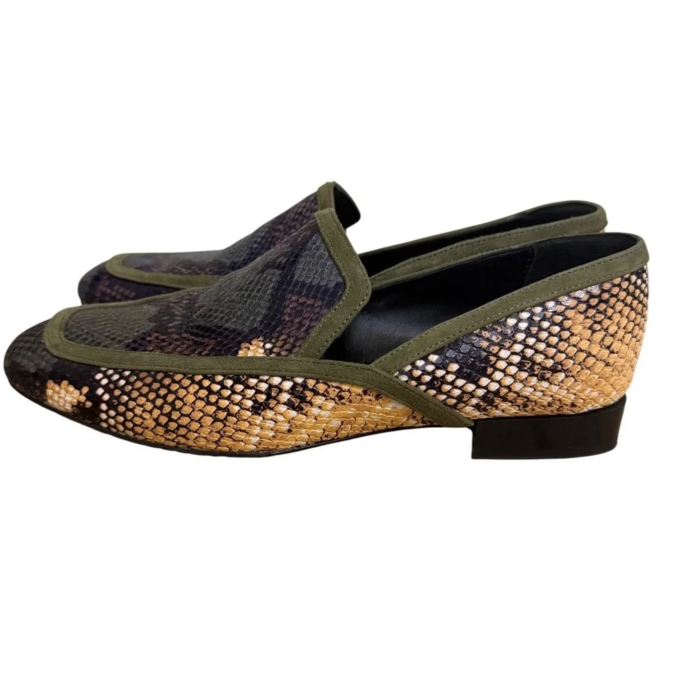 Donald Pliner Rezza Snakeskin Embossed Leather Loafers Olive Suede Trim 8.5M